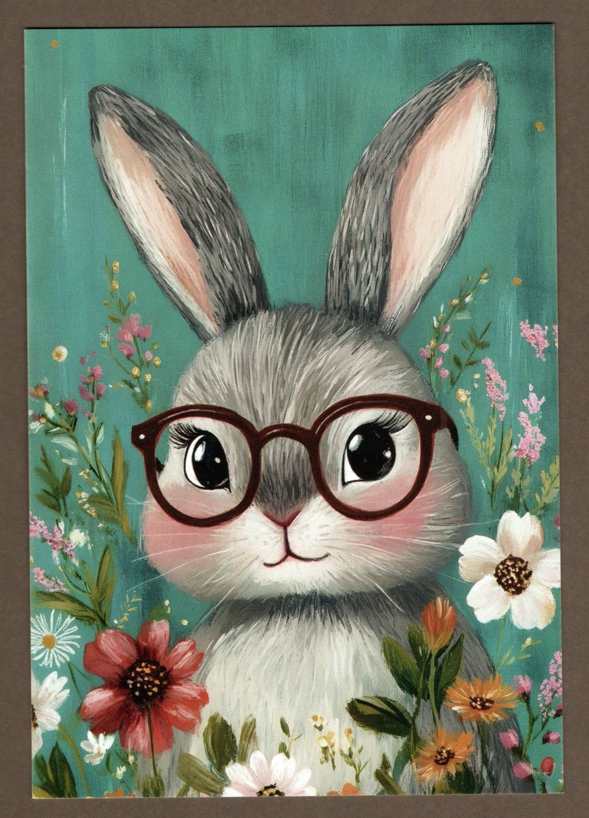 Gray Bunny Rabbit Mini Art Print or Postcard, Wearing Eyeglasses Easter Flowers