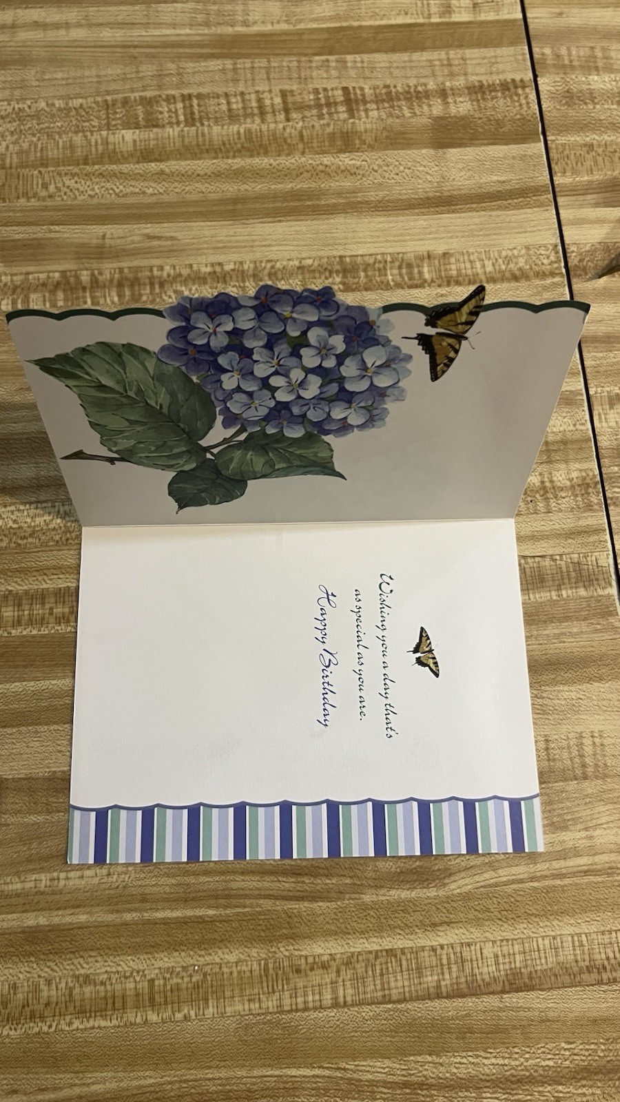 blue hydrangeas and yellow swallowtail butterflies Birthday Greeting Card NOS