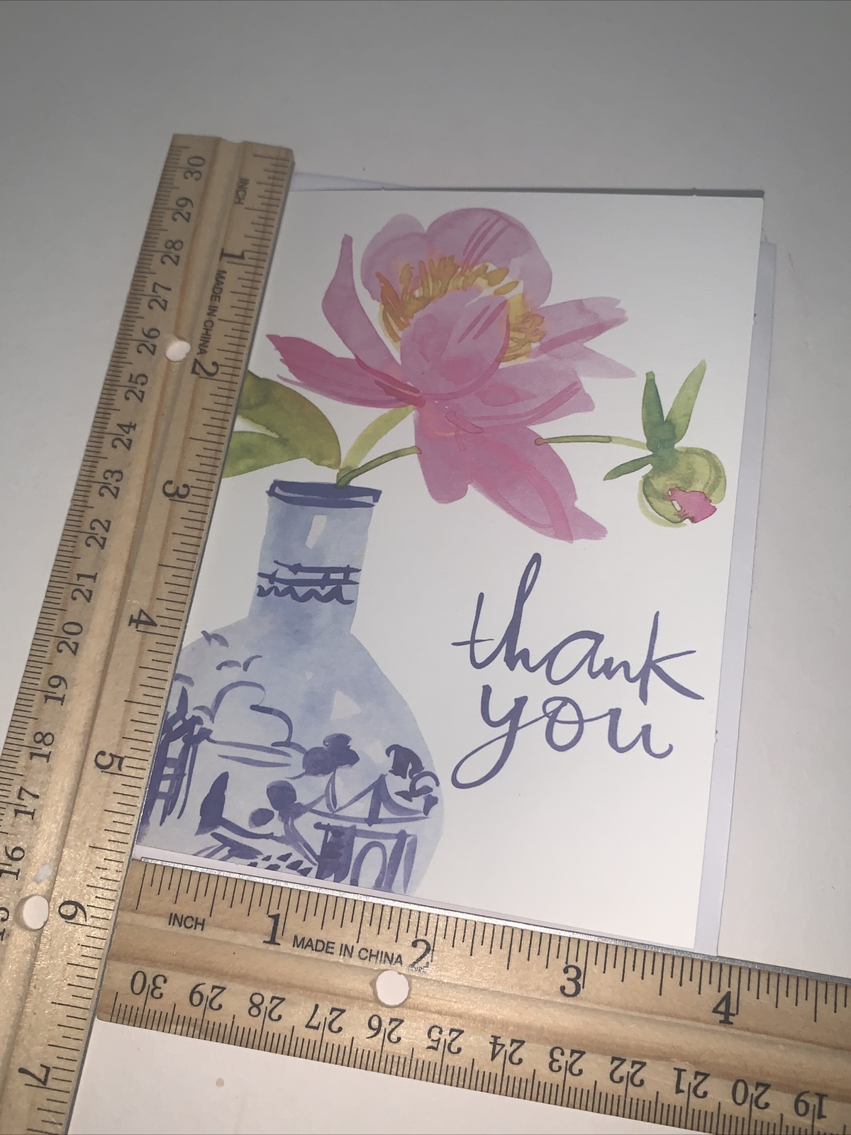 (12) Hallmark Thank You Blank Note Card: Watercolor Pink Flower In Blue Vase