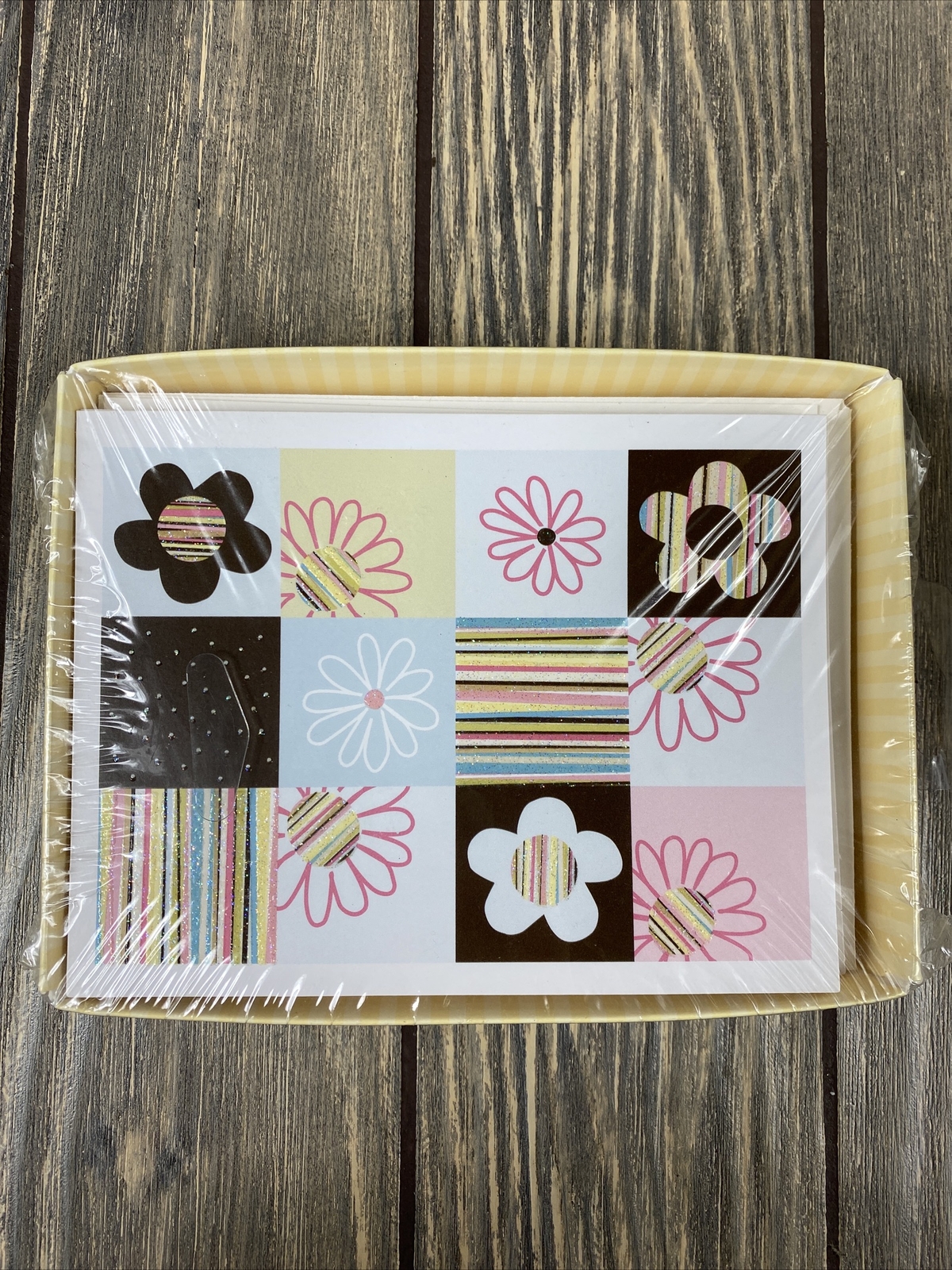 Designers Collection Pink Brown Floral Stripe 10 Note Cards With Envelopes