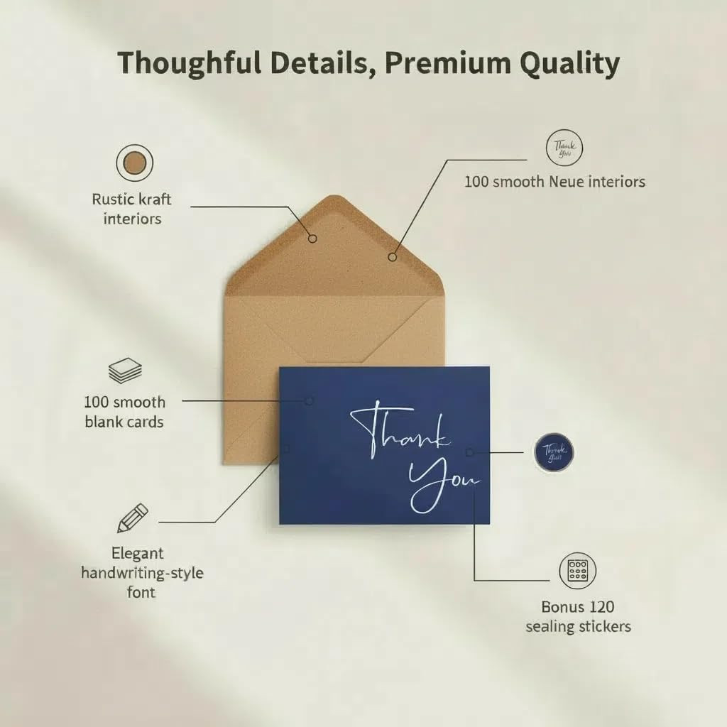 100 Pack Thank You Cards with Envelopes Bulk Set & Stickers – 4X6 Inch Blank Tha