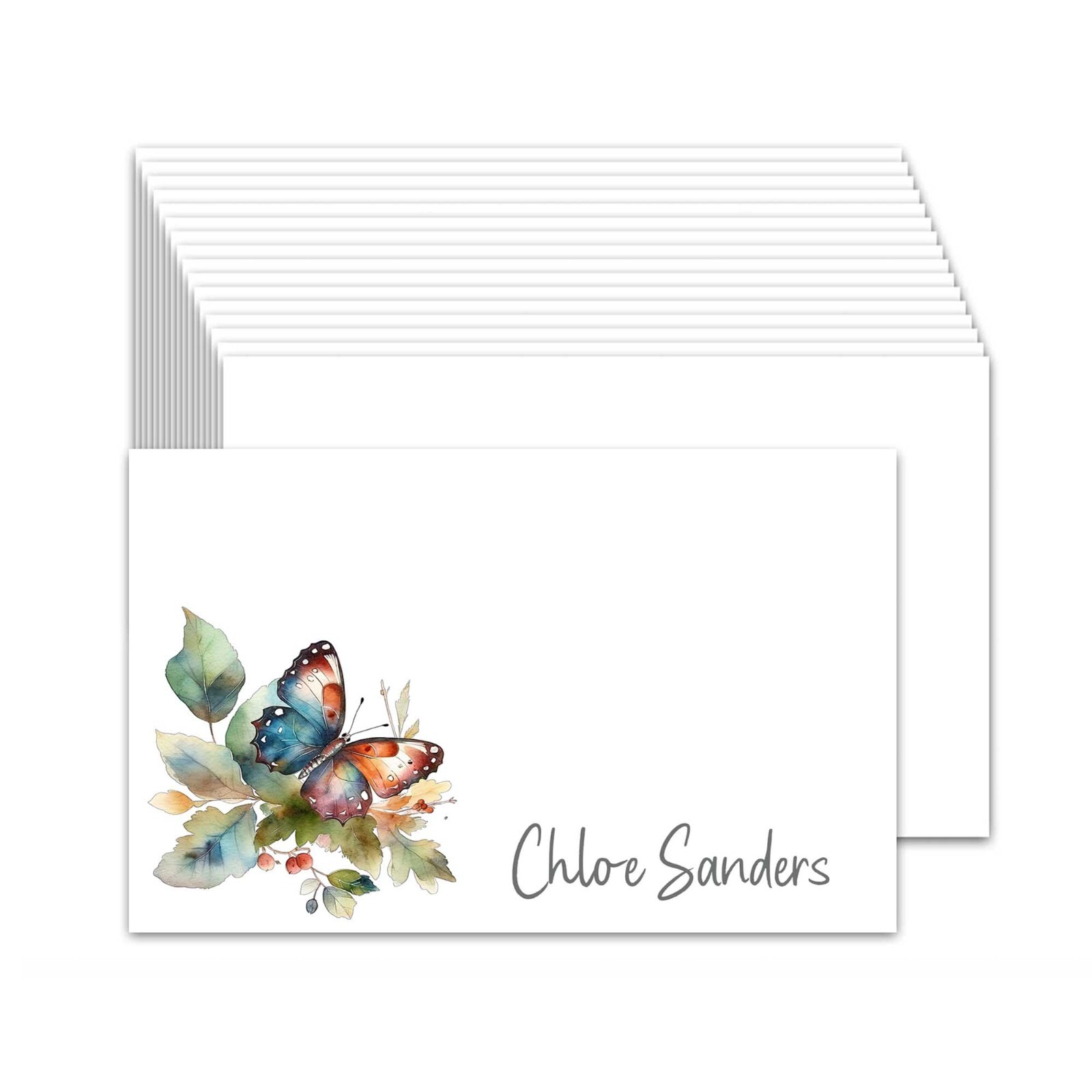 PERSONALIZED – 12 Flat Note card, Floral Stationery with Envelopes – Butterfly