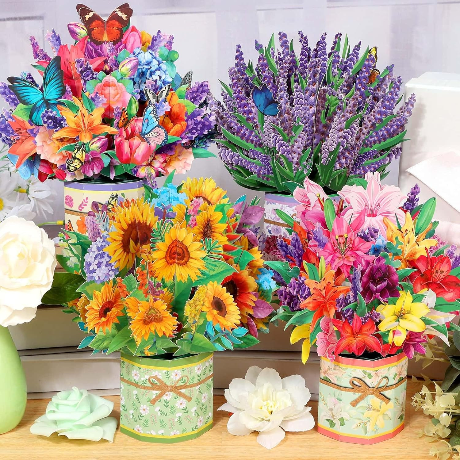 4Pack Paper Flower Pop up Cards, Flower Bouquet Card Popup 3D Greeting Cards for