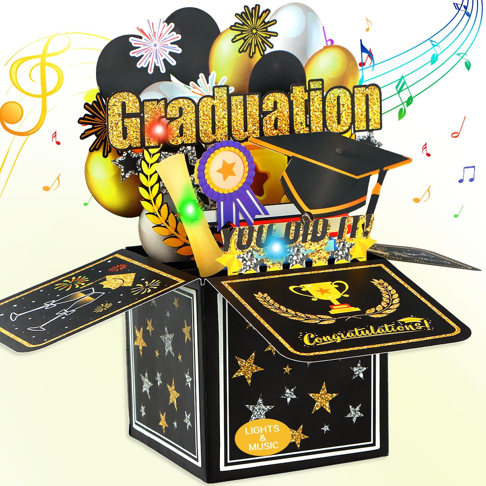 Pop Up Graduation Card 2026 Musical Lights & Music Congrats Grad 3D Happy Gr…