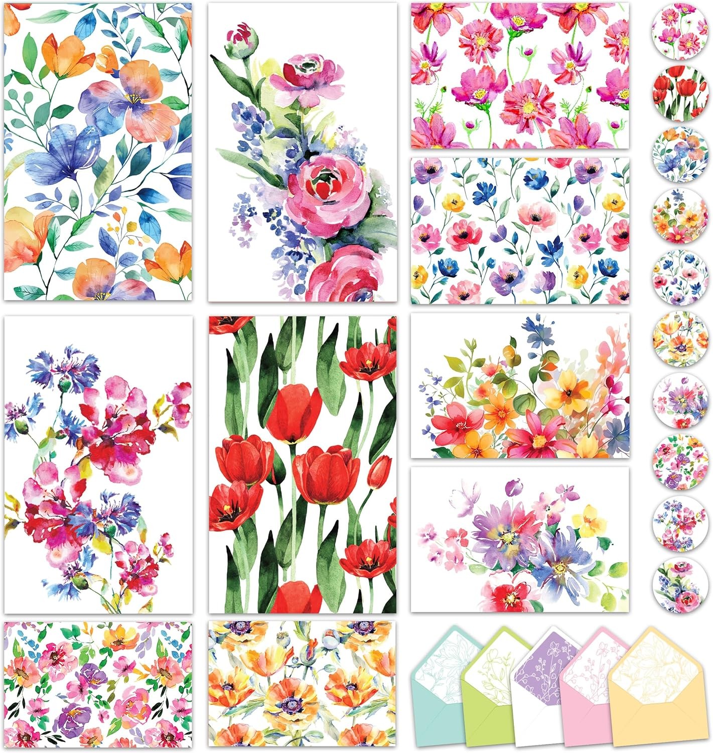 Decorably 50 Pack 6x4in Flower Note Cards 4 inches by 6 inches, Multicolored