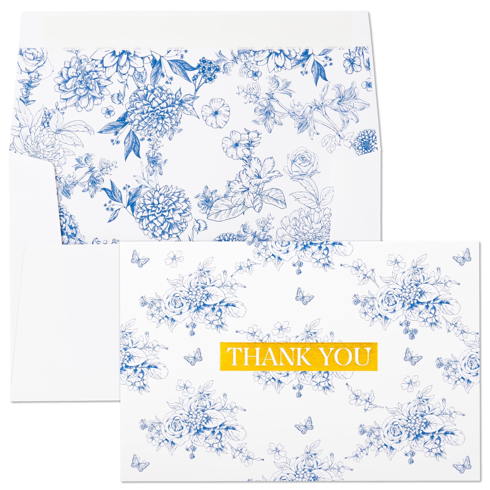 French Blue Floral Toile de Jouy Thank you cards Gold Foil Greeting Notes Bul…