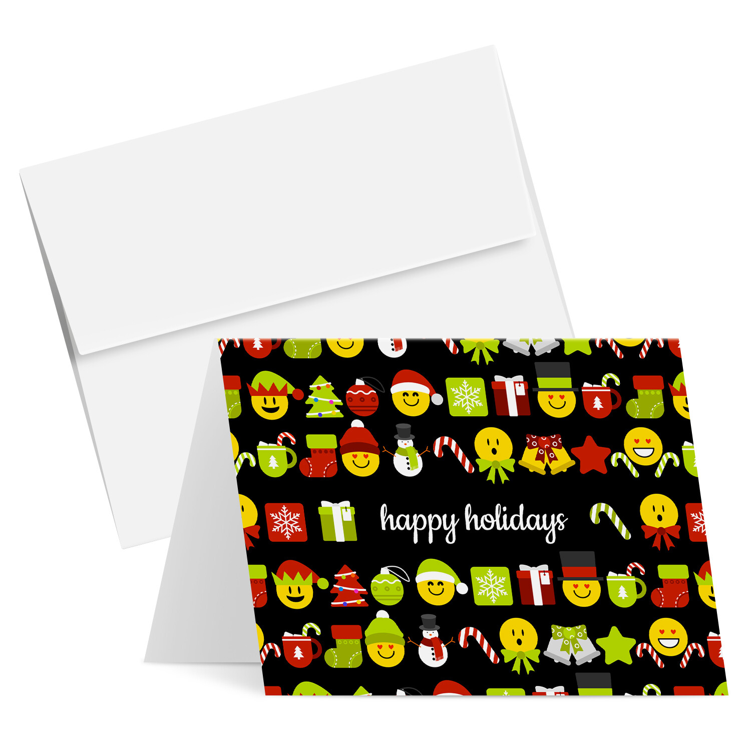 2026 Happy Holidays Greeting Cards, Funny Emoji Pattern, Black, A2 Size, 25 Qty