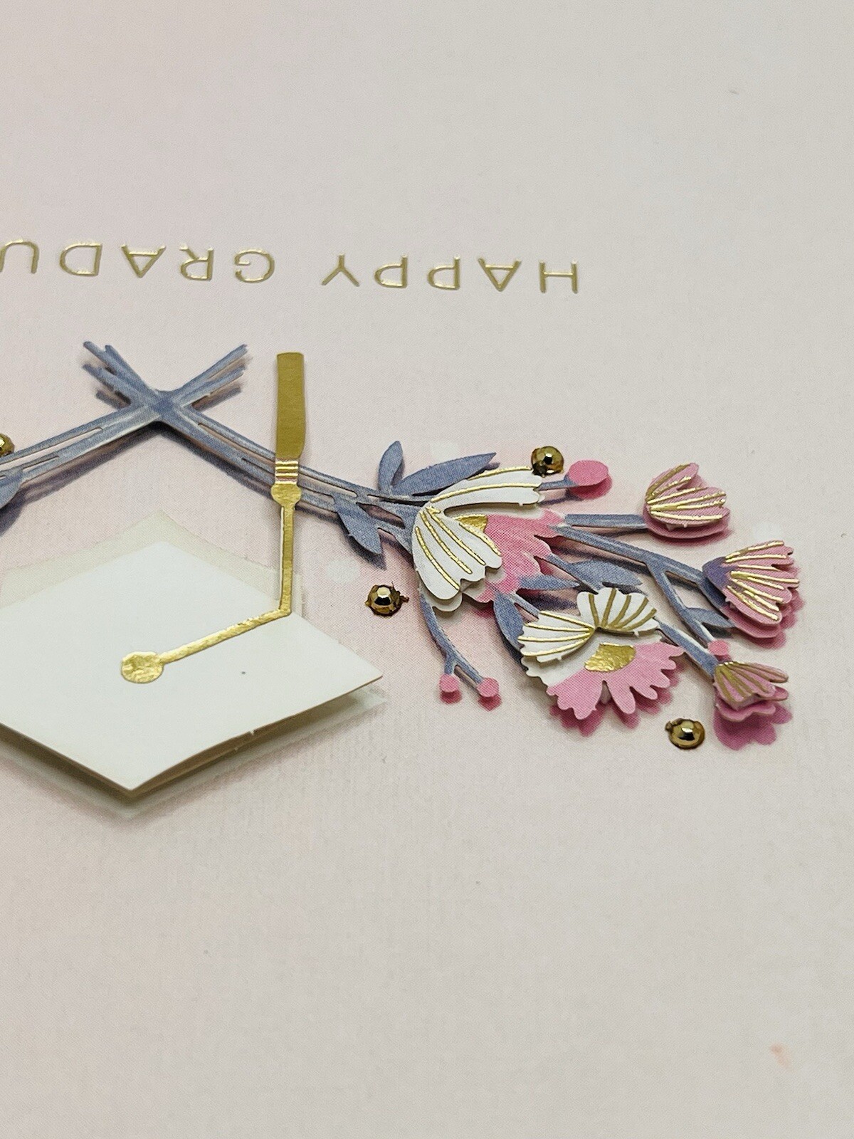 Graduation Card 3D Cutout Pink Floral Gold Foil, Beaded Hallmark Card NEW