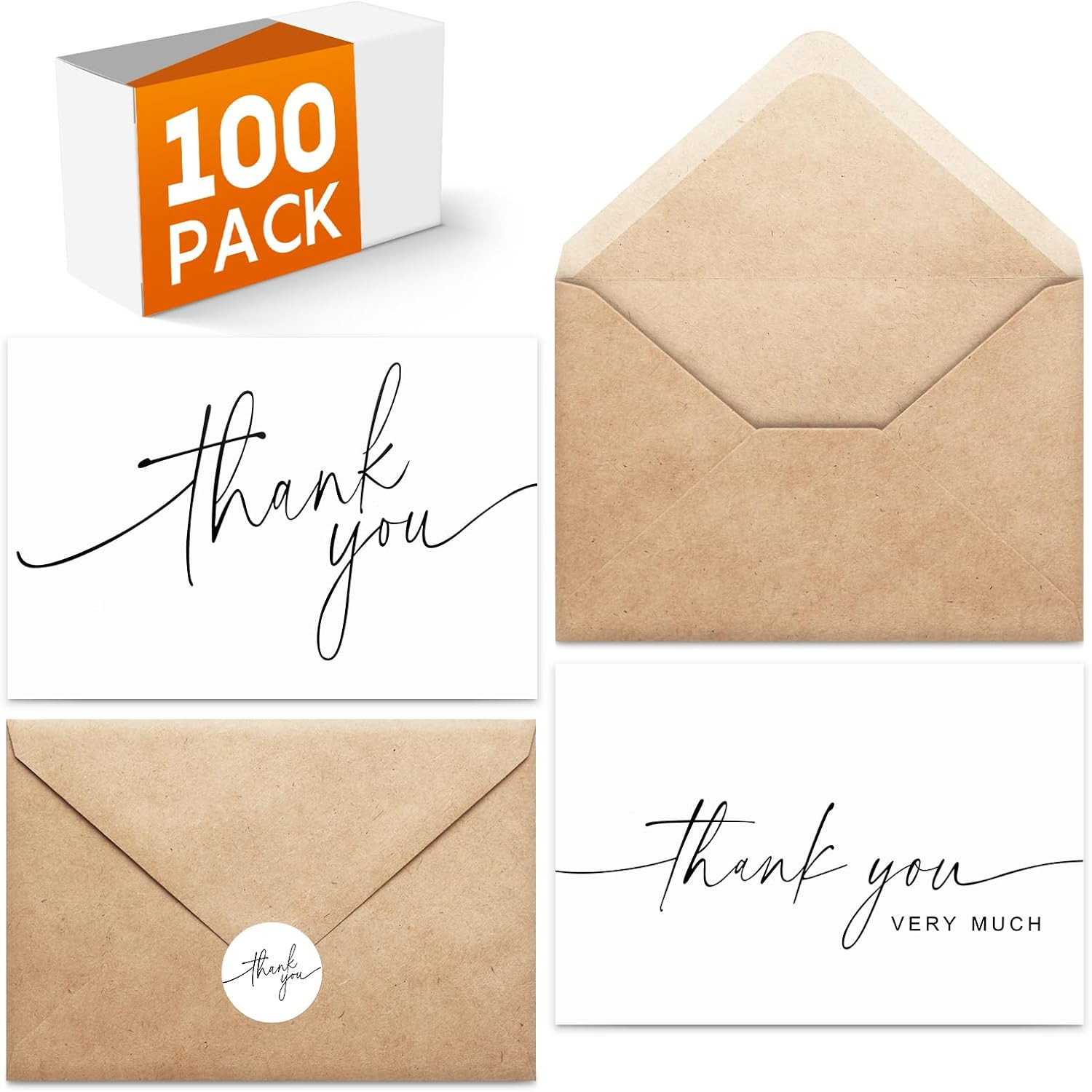 100 PACK Thank You Cards Bulk with Kraft Envelopes and Matching Stickers, 4×6 In