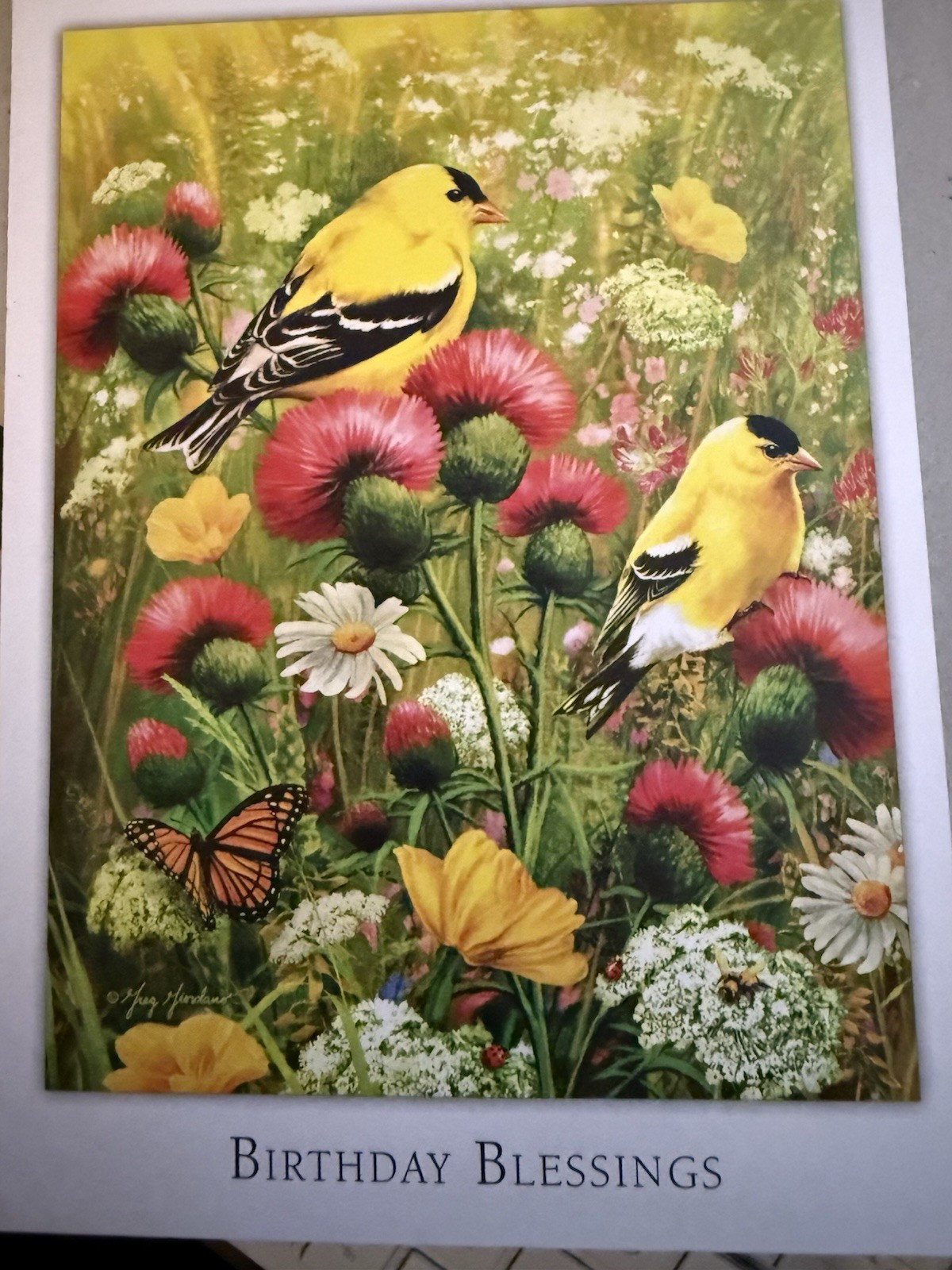 “Birthday Blessings” – 2 Yellow birds in wildflowers- Approx 4.75″ X 6.75″