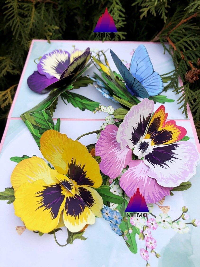 3D Pop Up Greeting Card Flower Floral Pansies Butterfly Birthday Mother Love