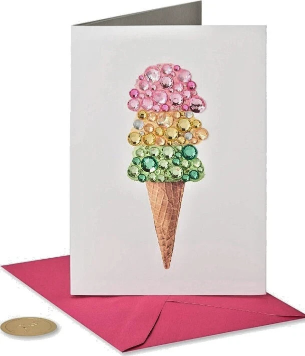 PAPYRUS GEMMED TRIPLE CONE ICE CREAM RAINBOW BIRTHDAY CARD