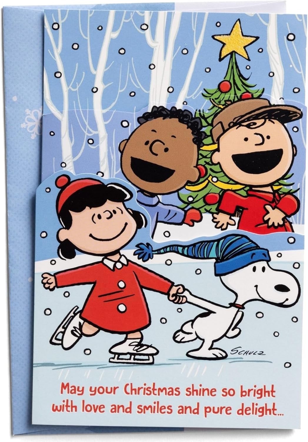 SNOOPY & GANG Christmas card featuring Peanuts gang-opens to 3 foldable panels