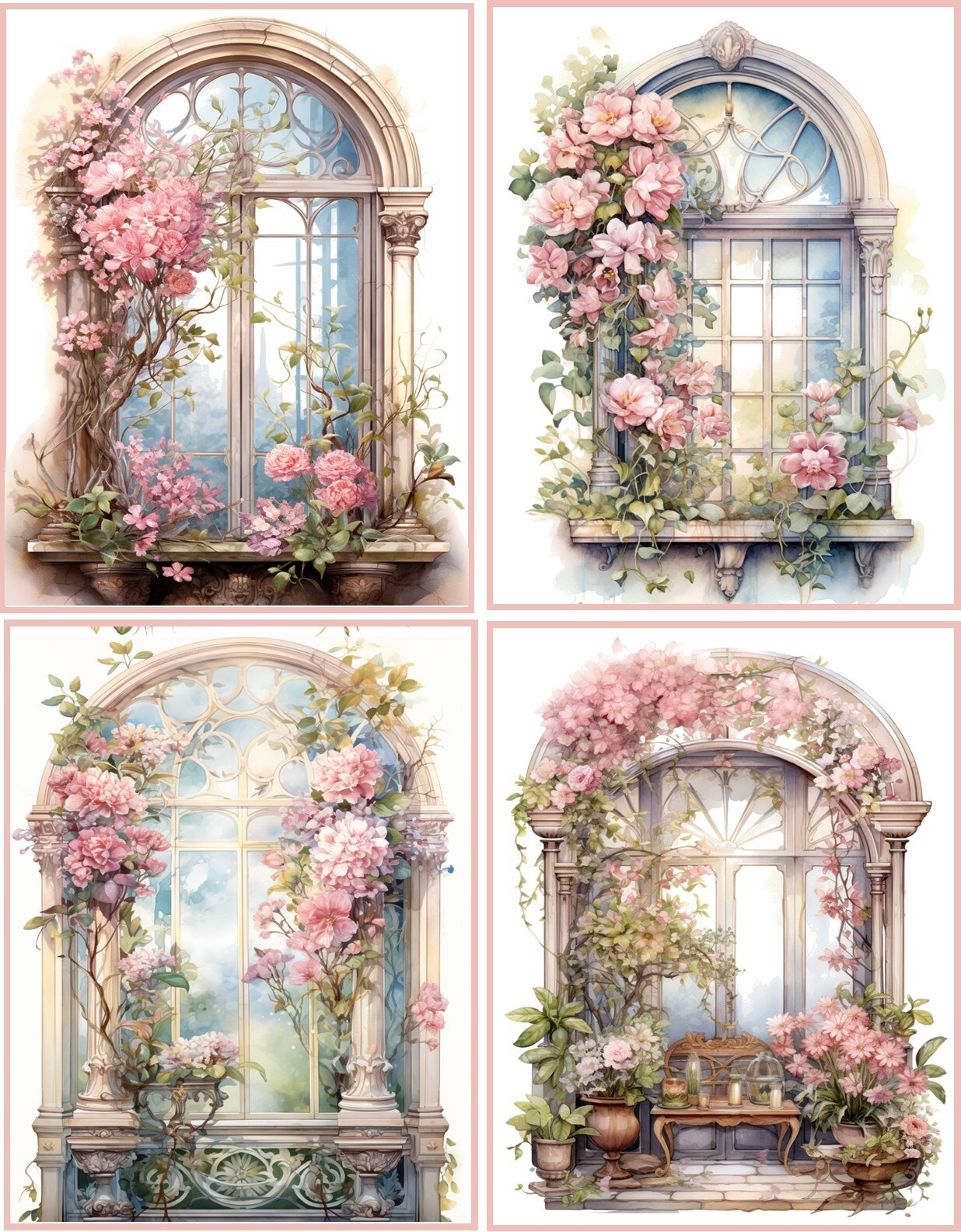 8 Shabby Chic Windows Pink Roses glossy blank fold out note cards envelopes