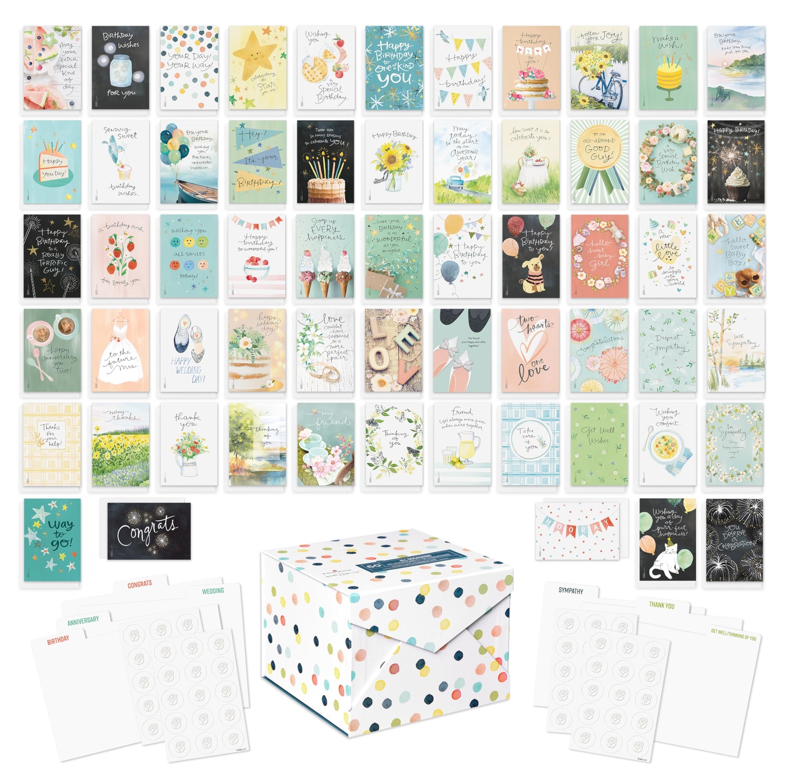 60-Count All Occasion Greeting Card Assortment with Storage Box, Dividers, En…