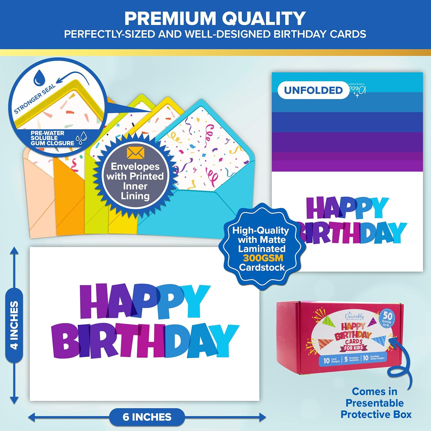 50 Pack 6X4In Happy Birthday Cards for Kids Bulk with Envelopes and Stickers,…