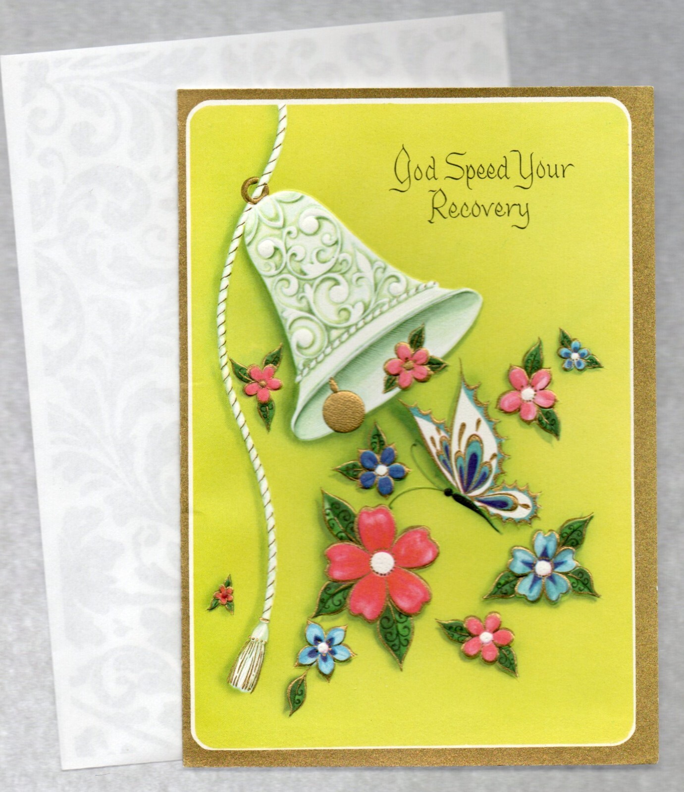 Vintage Get Well Card, 1960s ? Religious, Retro Embossed, Metallic Gold Detail