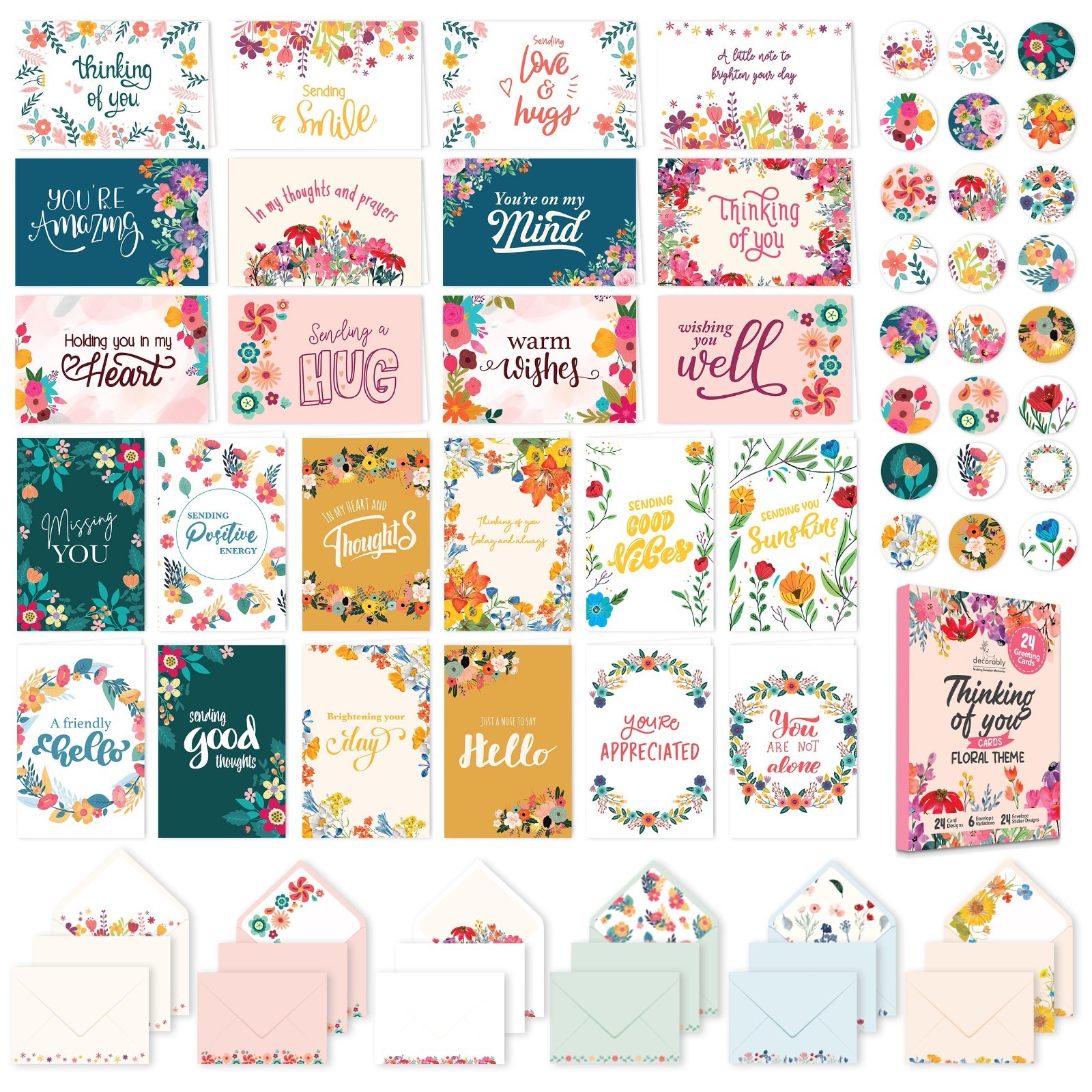 24 Unique Greeting Cards, Floral Thinking Of You Notes, Envelopes Included
