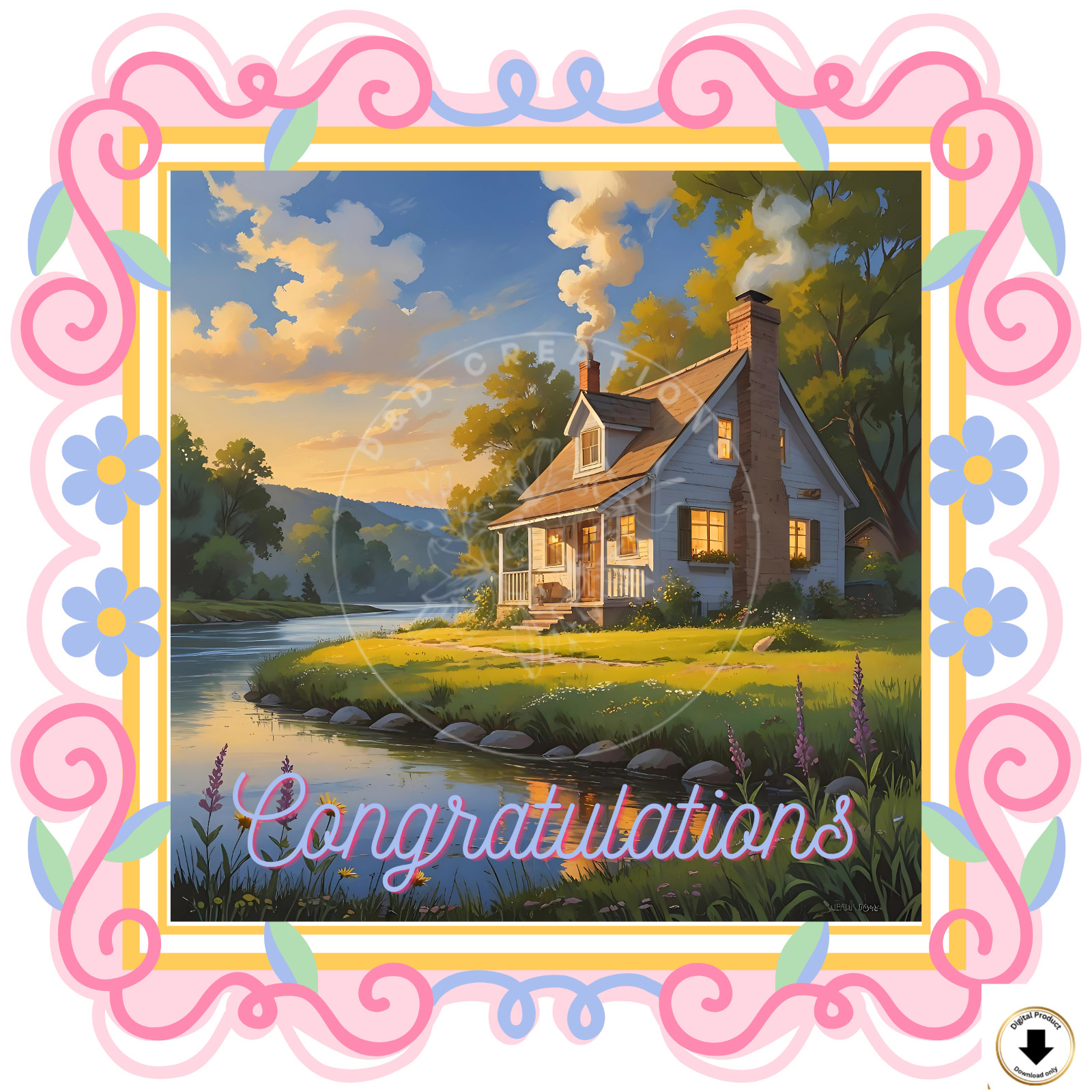 Digital Housewarming Greeting Card With Flowers Printable