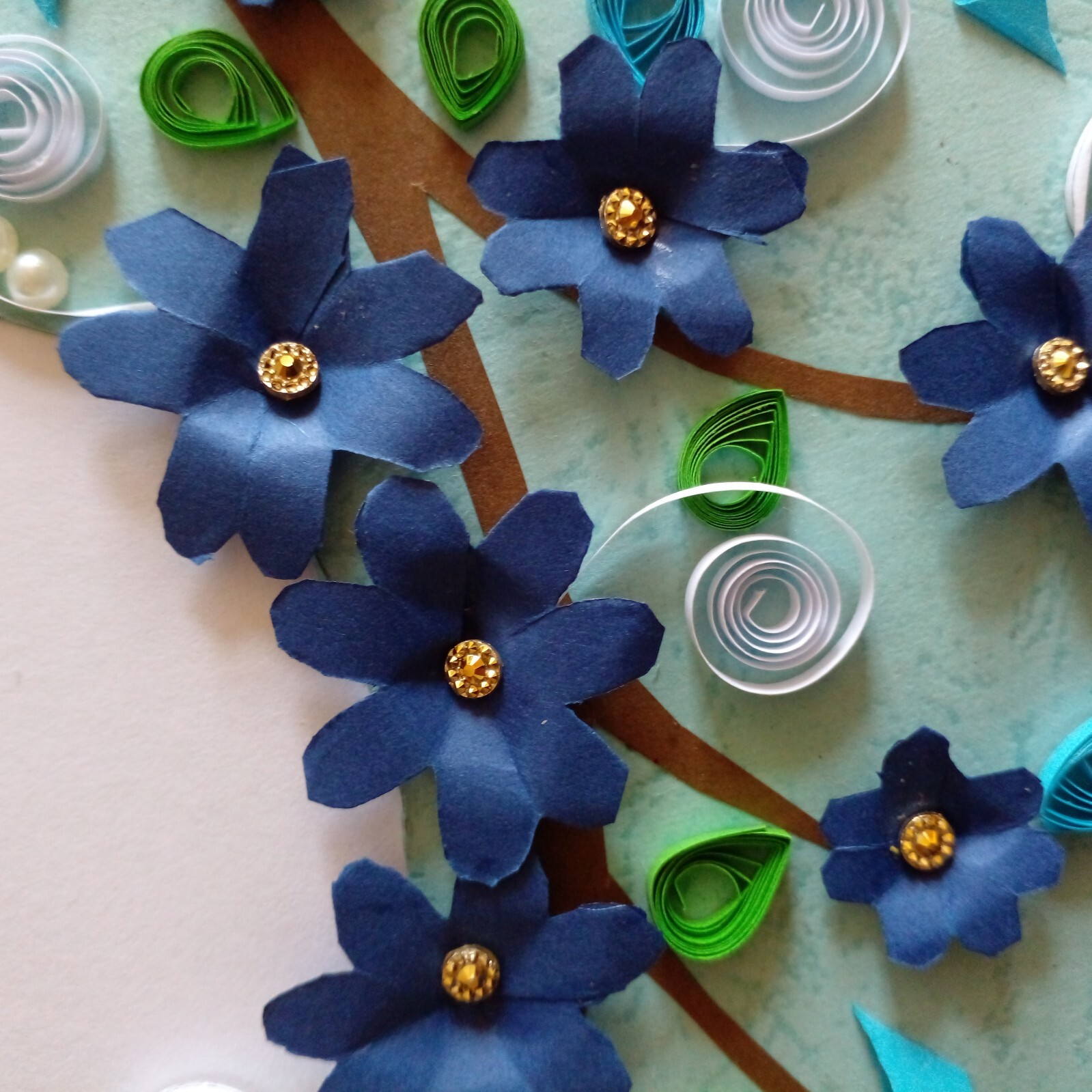 Sri Lanka B’day Card Handmade Paper Quilled Lovely Blue Flower With White Beads