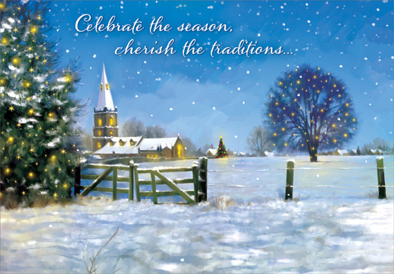 Fence and Church Religious Designer Greetings Christmas Card