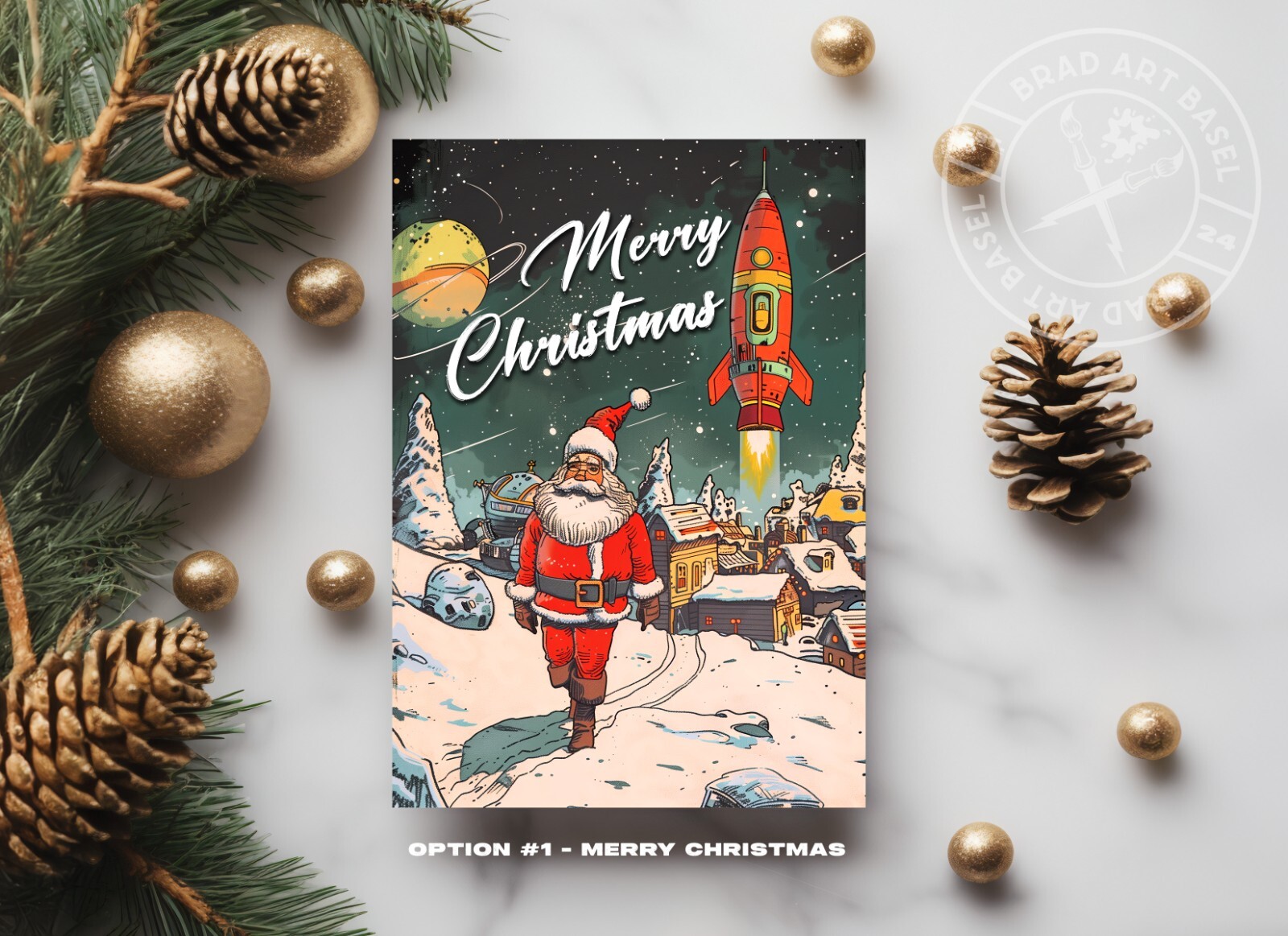 SANTA CLAUS CHRISTMAS Card 4.25X5.5 Matte Finish Choose Greeting MCM ROCKET SLED