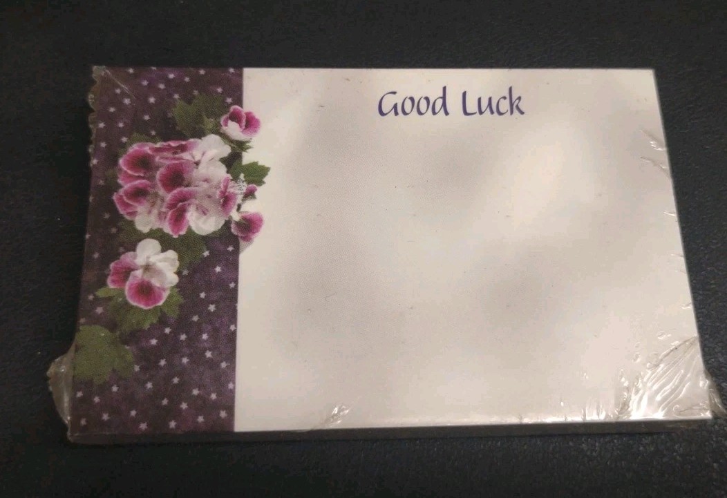 50 Vintage Floral Enclosure Cards, “Good Luck” Card w Purple Pansies & Stars