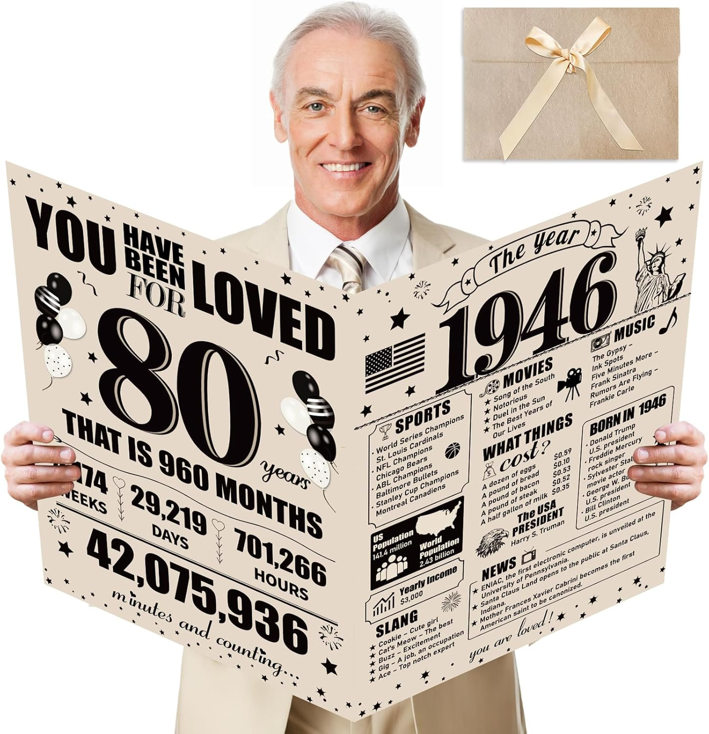 Large Vintage 80Th Birthday Card with Envelope for Men Women, 1946 Funny Happy 8