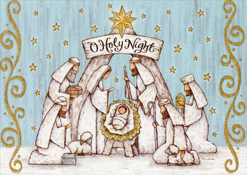 LPG Greetings O Holy Night Manger Scene on Light Blue Religious Christmas Card