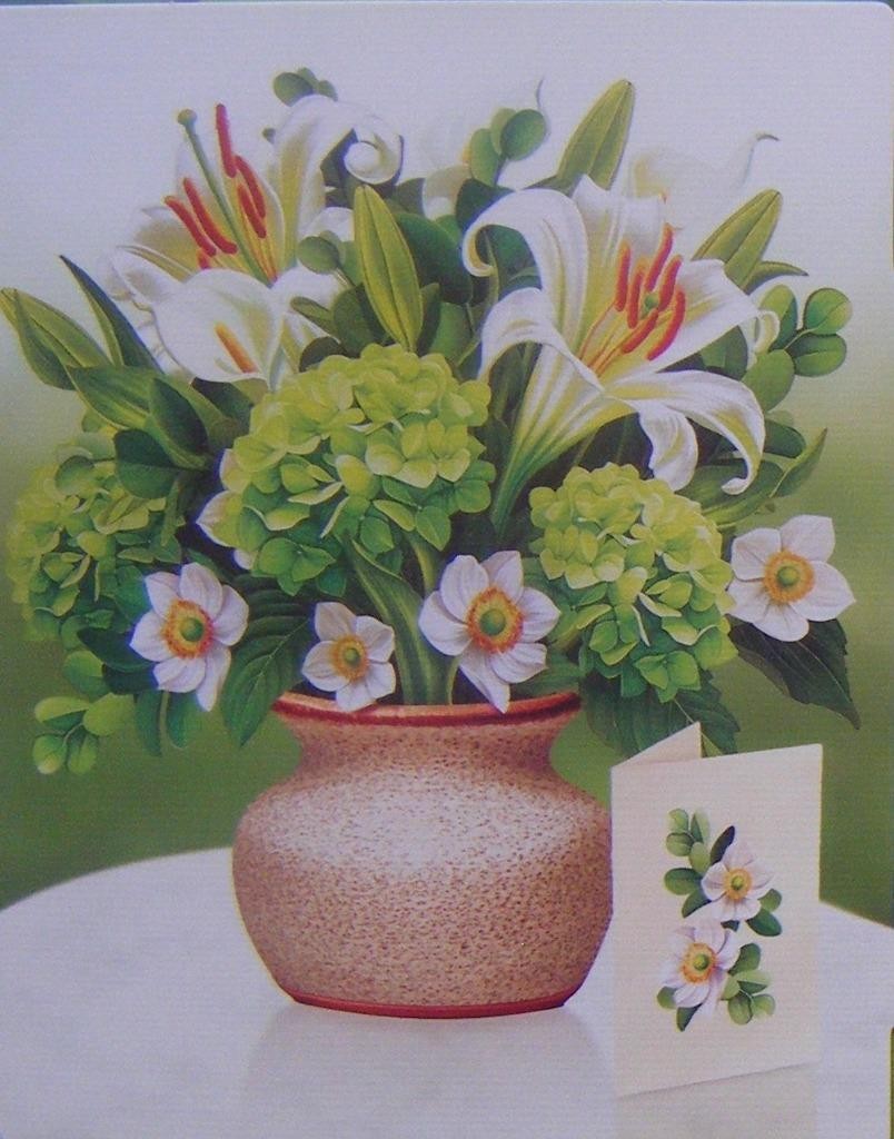 Pop up 3D Flower Bouquet Greeting Card Ivory & Sage Freshcut Paper New (K/191)