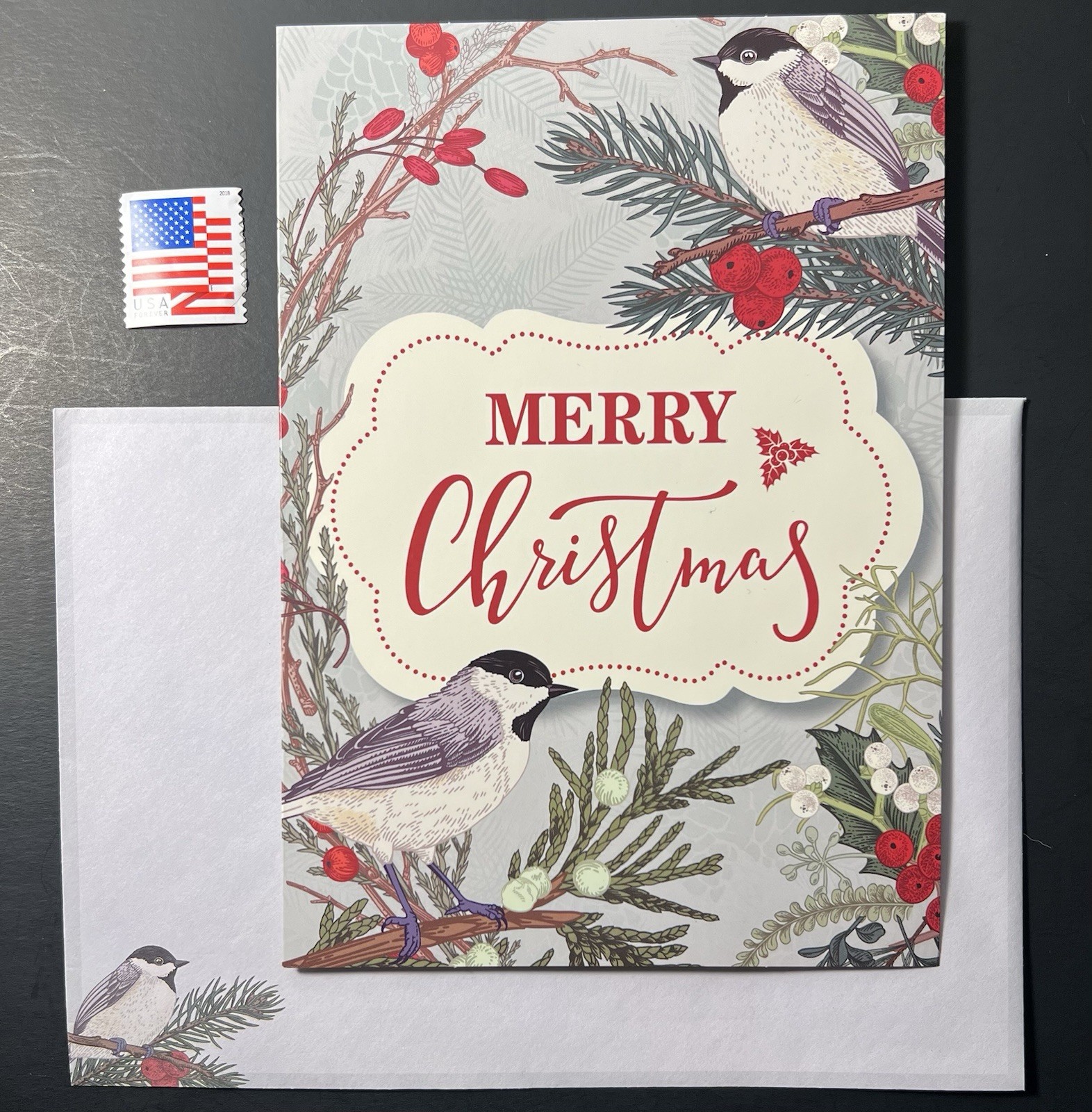 Black-Capped Chickadees CHRISTMAS Card w/Decorated Interior & Env/Stamps BN CUTE