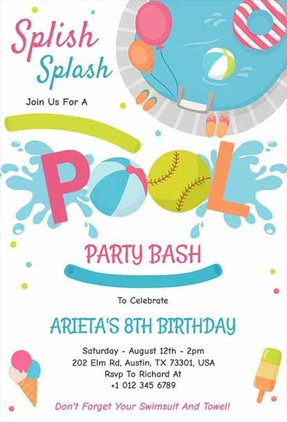 Digital Pool Party Colors Birthday Party Invitation Personalized Texts 2