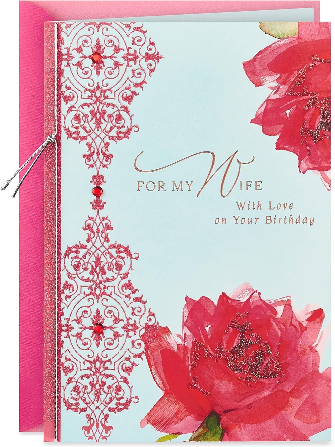 Hallmark HAPPY BIRTHDAY Card FOR WIFE WITH LOVE, Romantic Red Flowers Gem Design