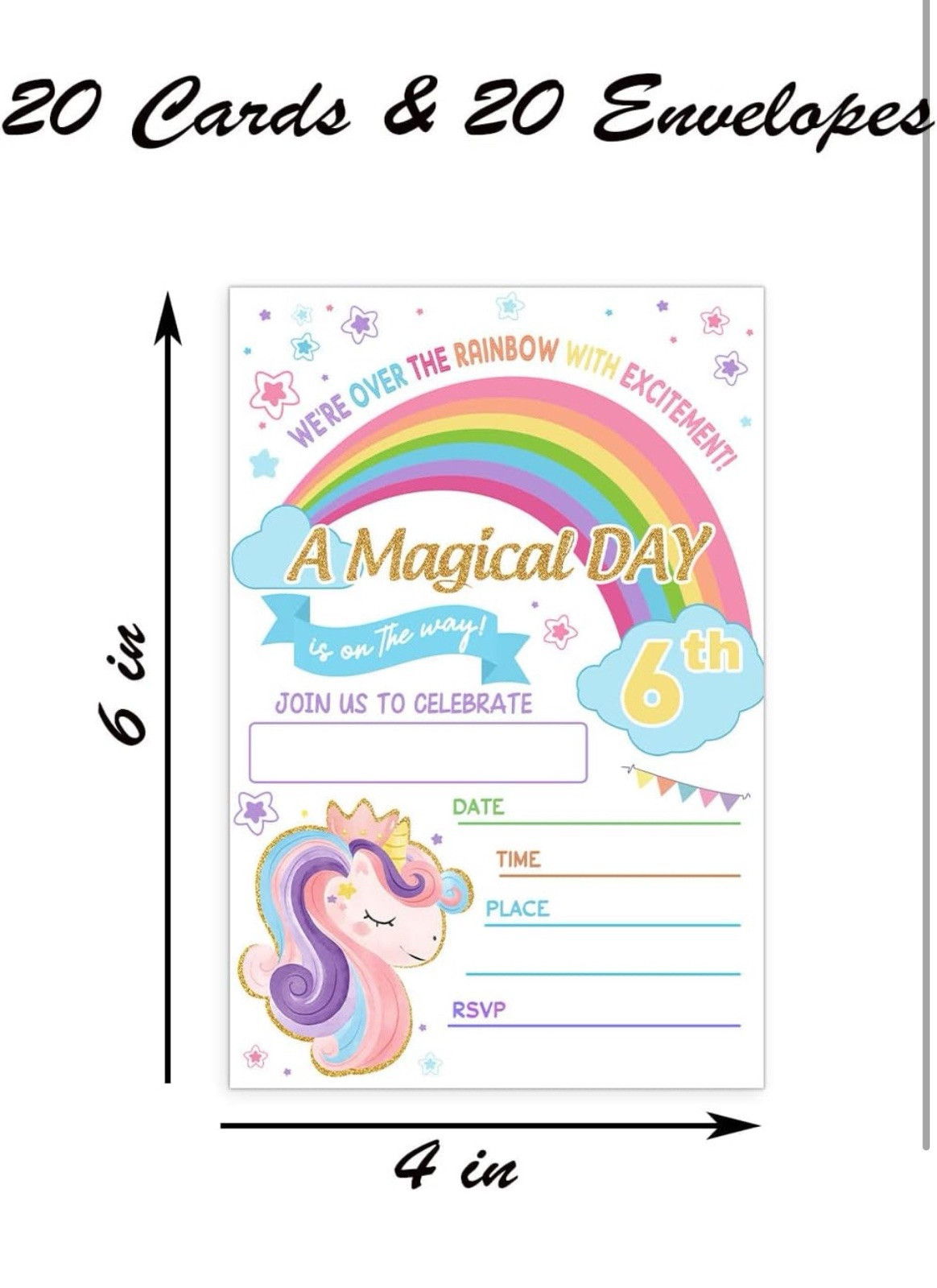Unicorn Rainbow Themed Party Invitation for Girls 20 Count 9th Birthday