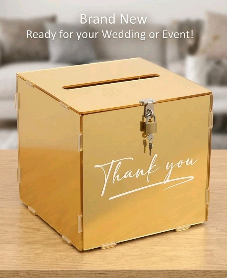 Gold Mirror Acrylic Wedding/Grad Card Box with Slot Thank You Money Gift Box