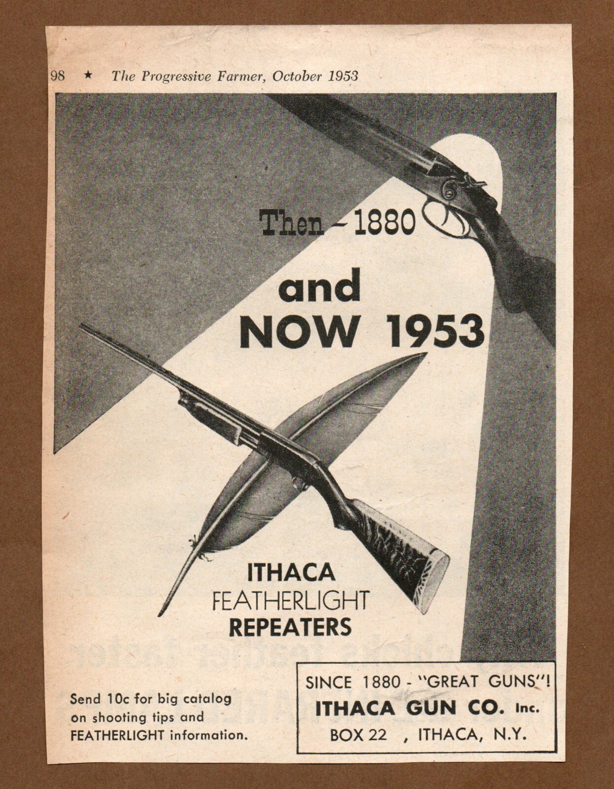 Vintage 1953 Ithaca Gun Co Print Advertisement, Featherlight Repeaters, B&W Ad