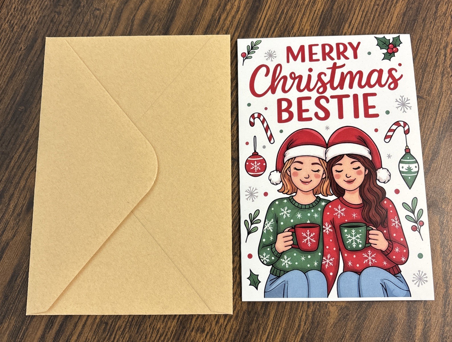 Christmas Bestie Friend Friends 4”x6” Blank Inside Greeting Card