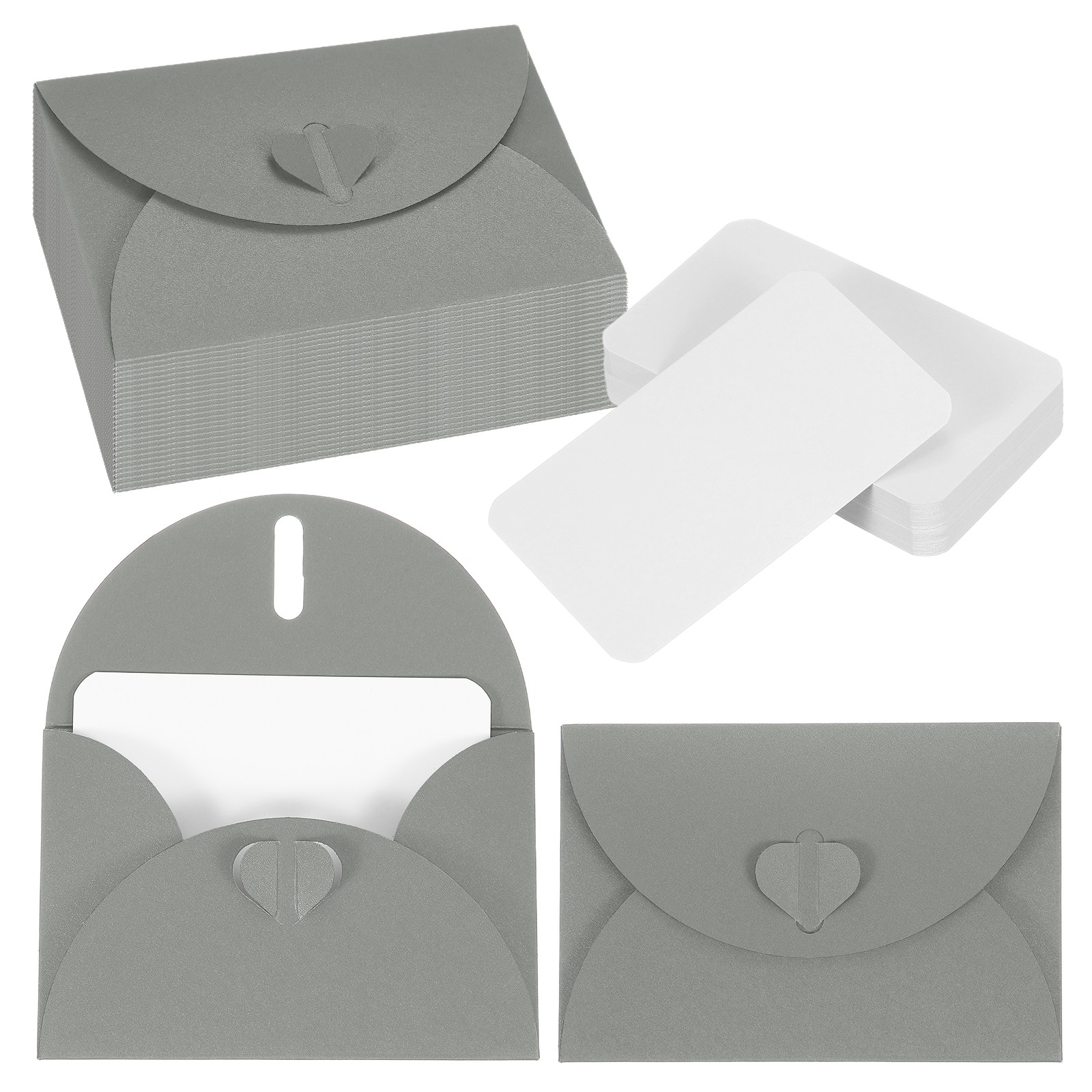 50 Set 4.1×3″ Mini Envelopes with Heart Clasp Blank Note Cards, Silver