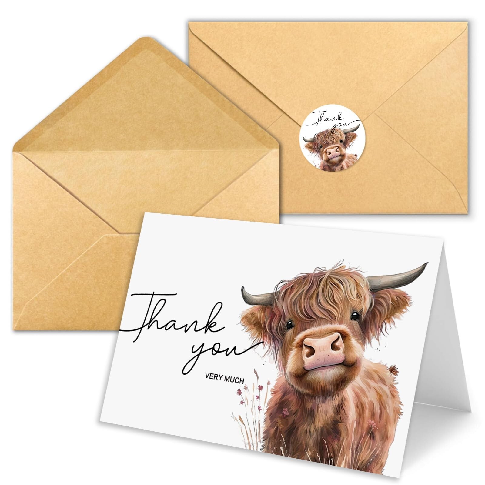 25Pcs Highland Cow Thank You Cards with Envelopes, 4×6 In Farm Cute Watercolo…