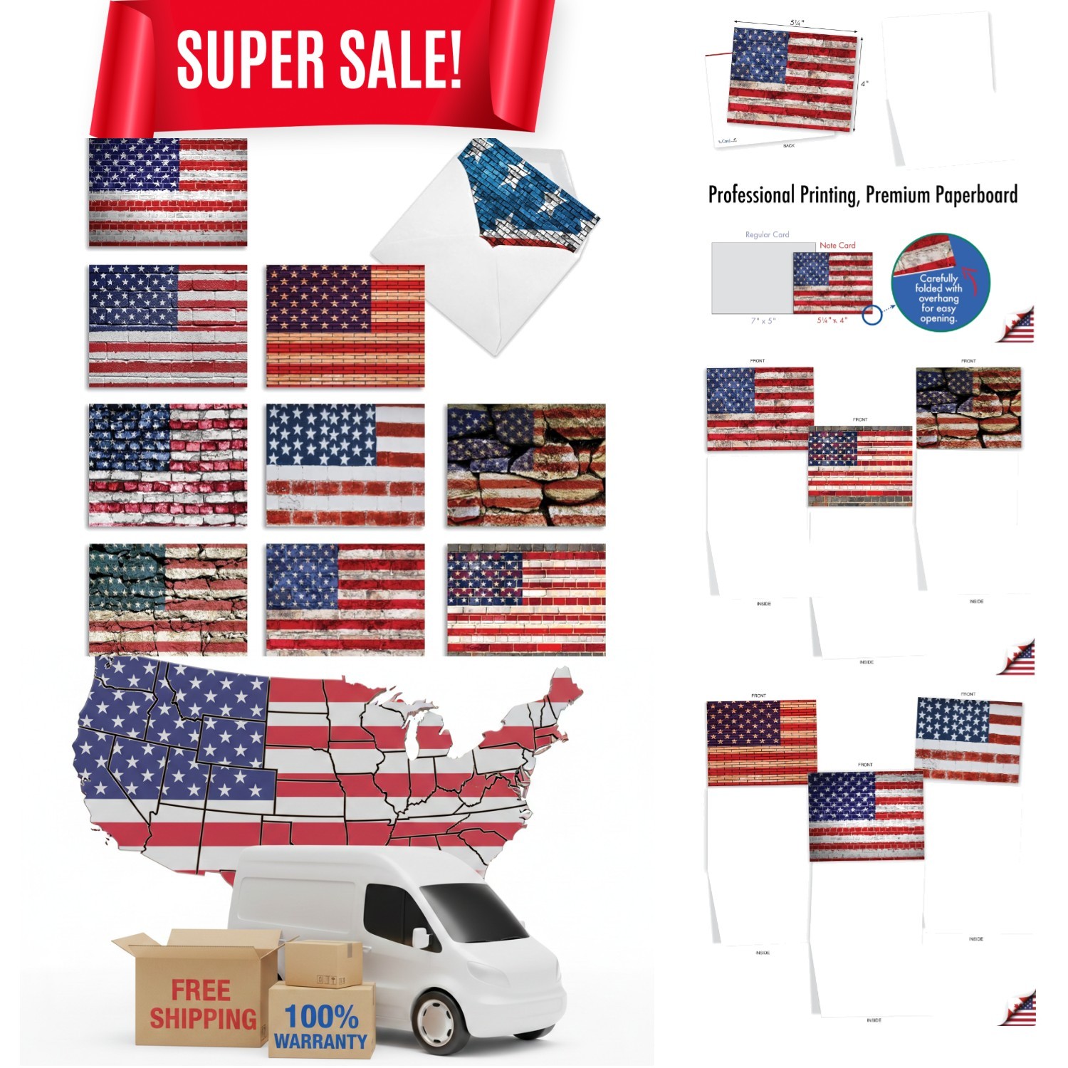 Patriotic Blank Card Set: 10 American Flag Greeting Cards 4×5 – Customizable