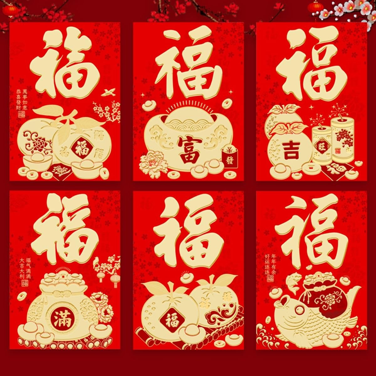 60 PCS Chinese New Year Red Envelopes Gold FU Hong Bao 4.53×3.15 Inch