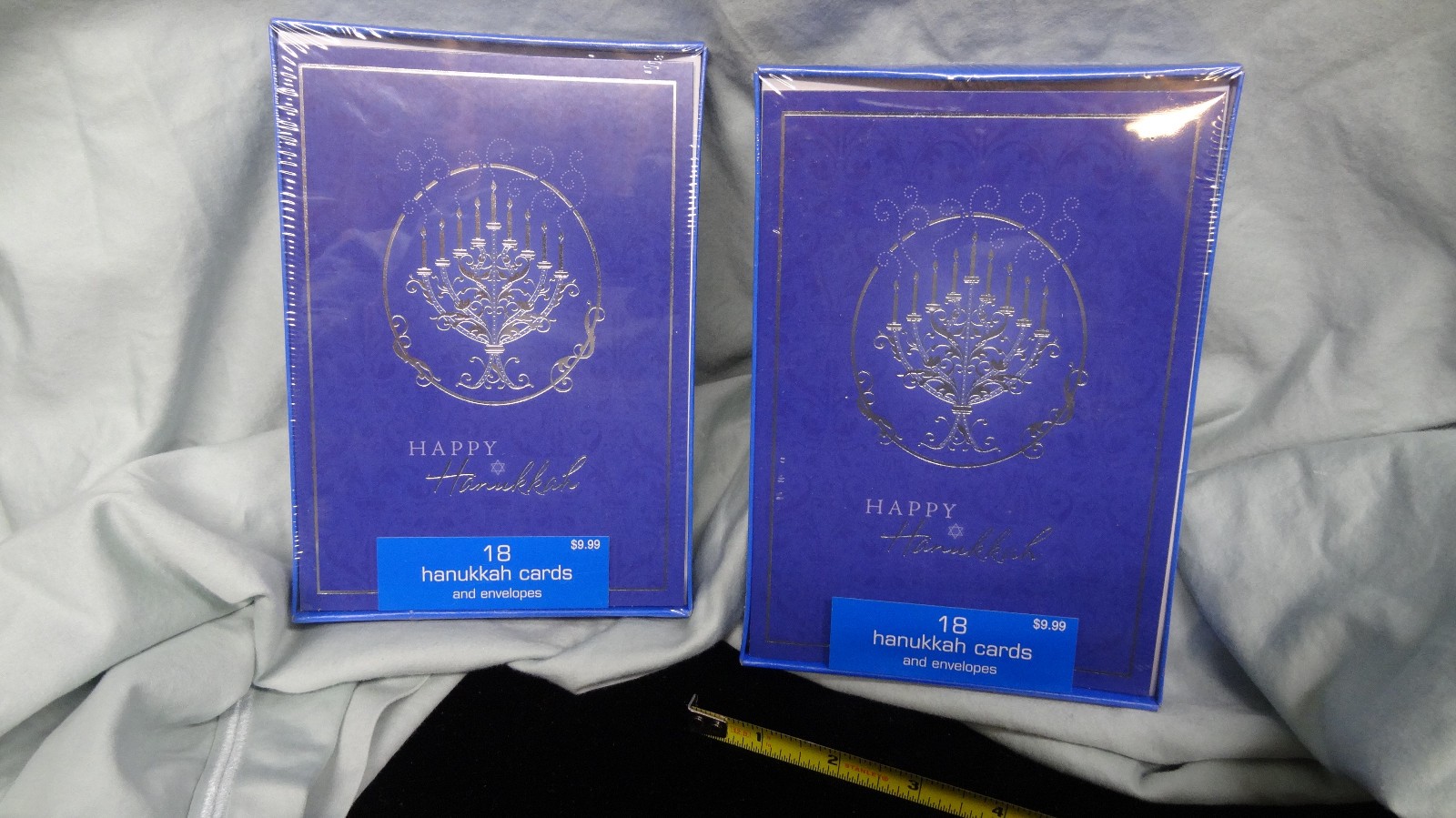 Hanukkah Cards, 2 new boxes of 18 cards each =36, Silver Foil Menorah on Blue