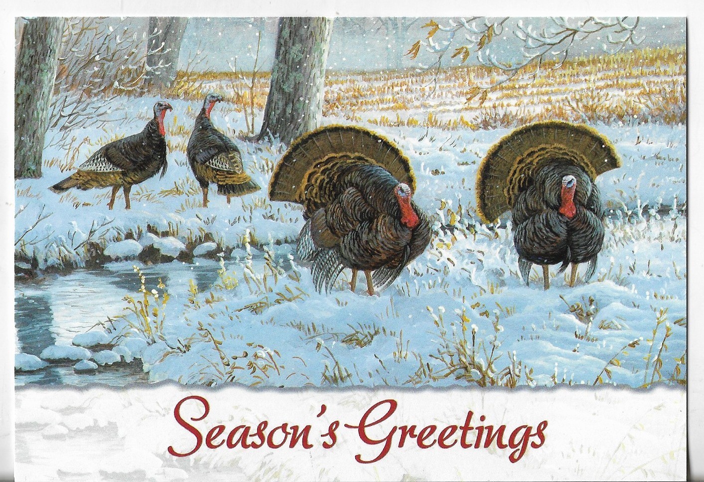 NOS LEANIN’ TREE Christmas Card 6.75×4.75 Season’s Greetings Turkeys in the Snow