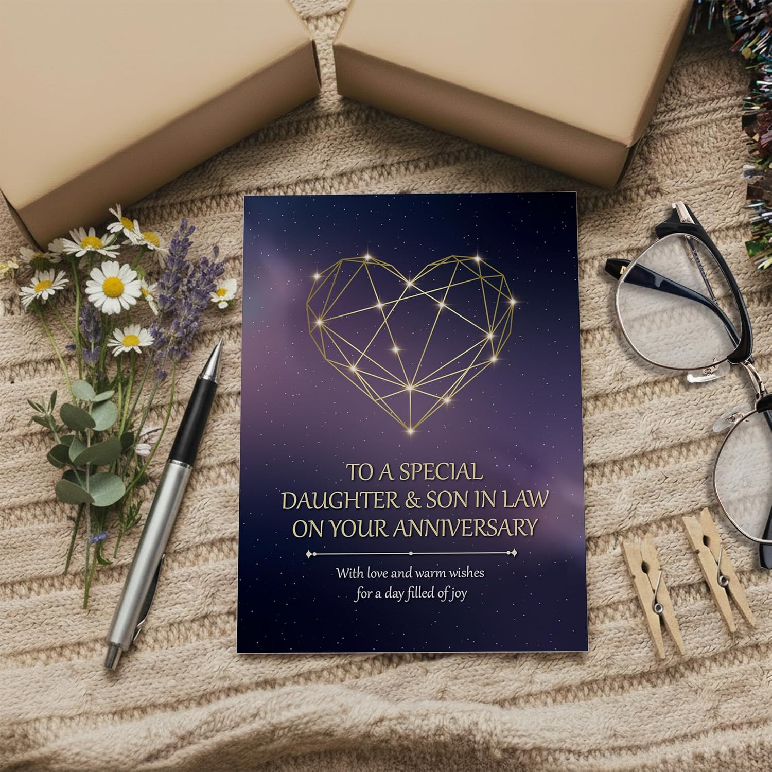Anniversary Card for Daughter and Son-In-Law – Gold Geometric Heart A5 Greeting