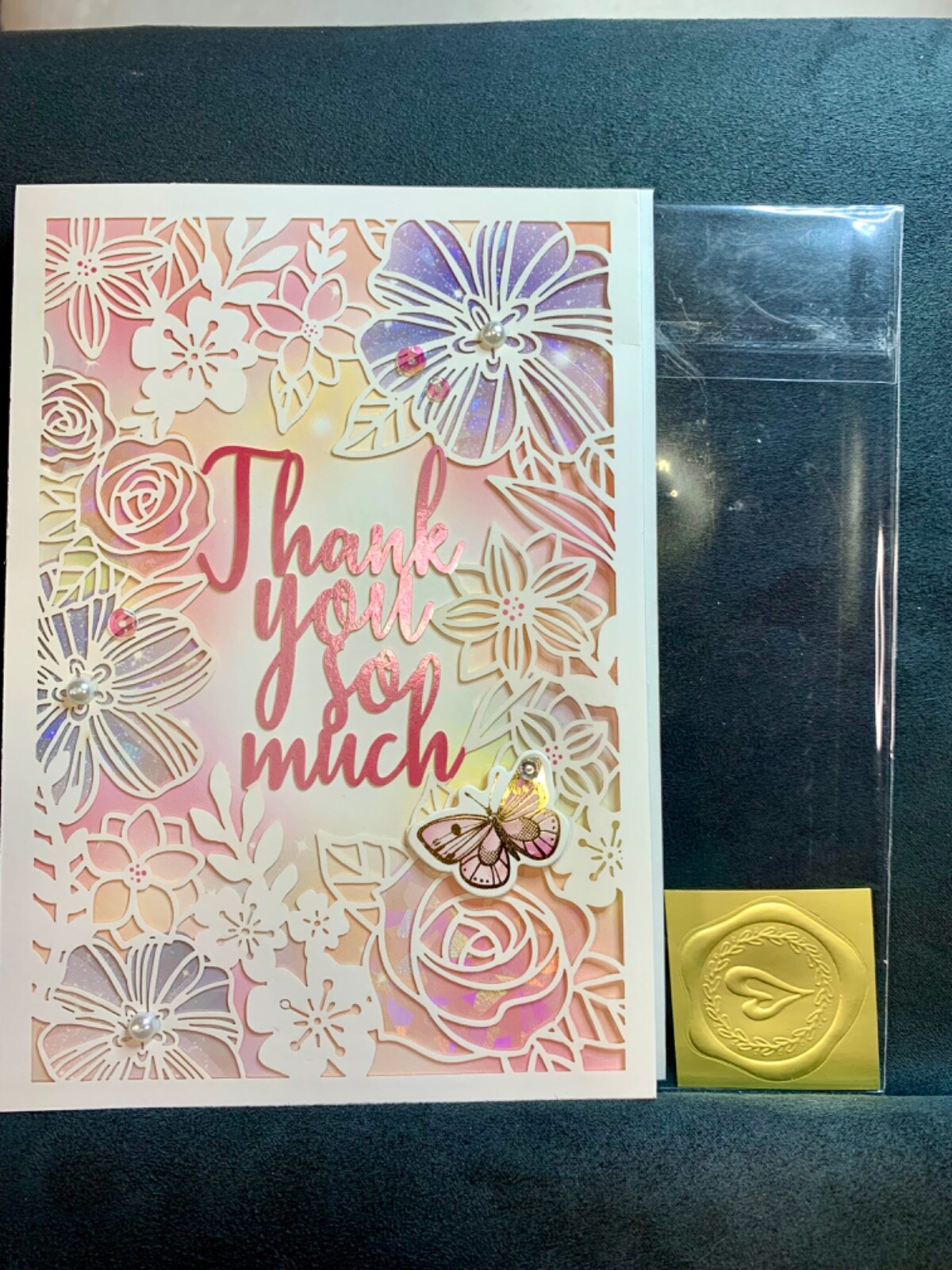 FREE SHIPPING @ $20! Thank You Card Pink Laser Cut Floral Butterfly Sequin Pearl