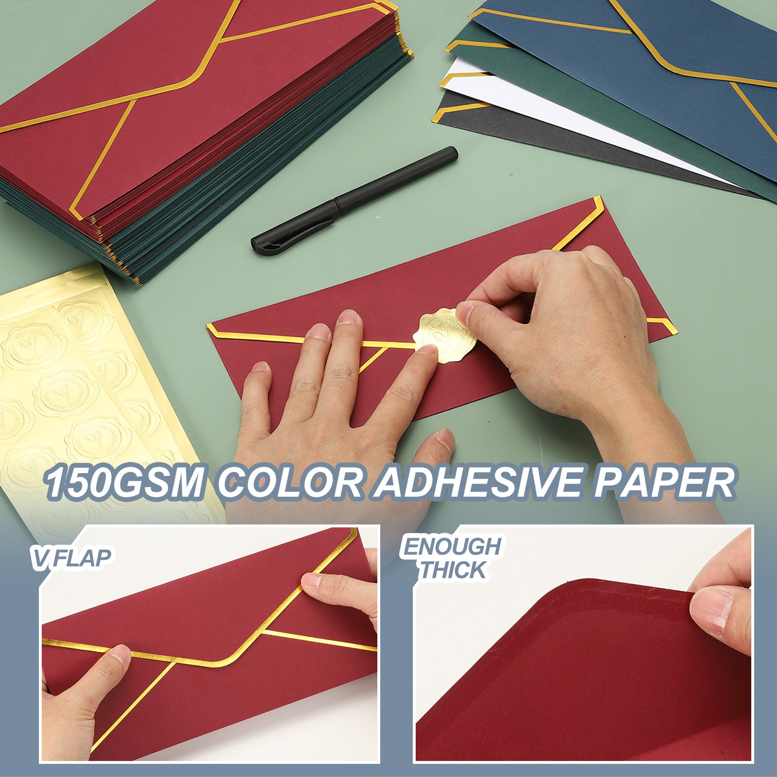 4 1/8 x 9 1/2 Inch Envelopes with Gold Border, 50 Pack V Flap, Black