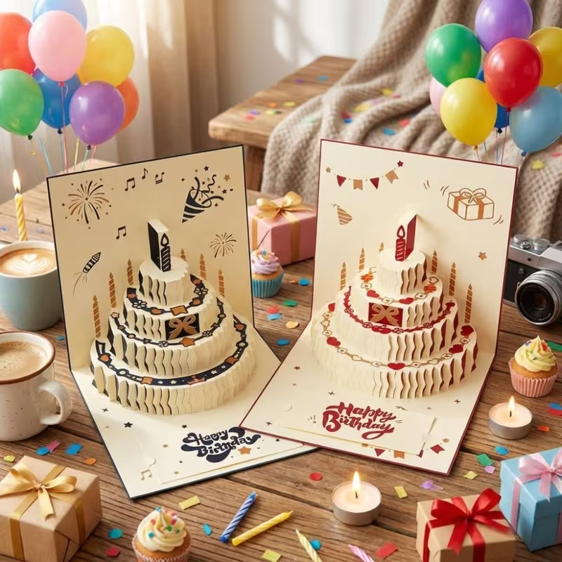 Blue 3D Pop Up Birthday Cake Cards Foldable Greeting Card for Kids Adults