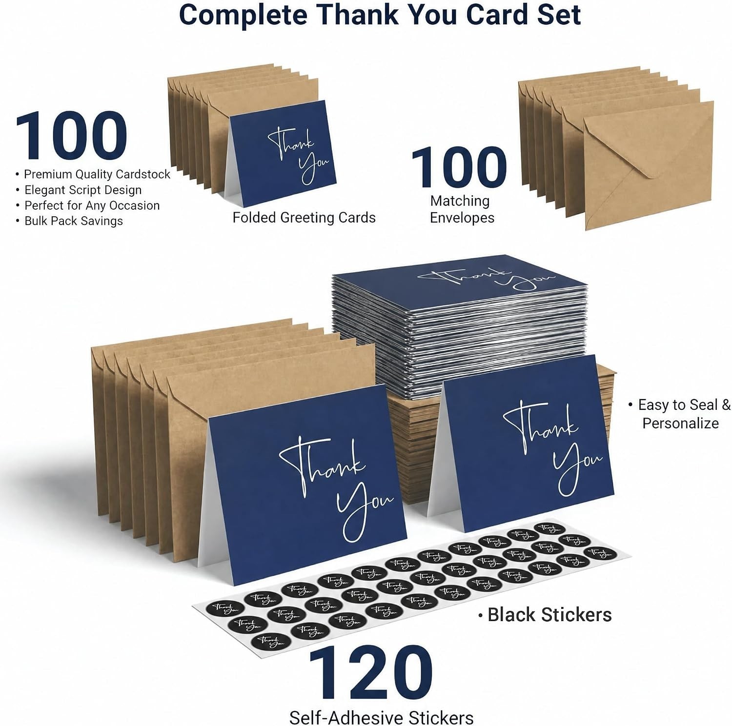 100 Pack Thank You Cards with Envelopes Bulk Set & Stickers – 4X6 Inch Blank Tha