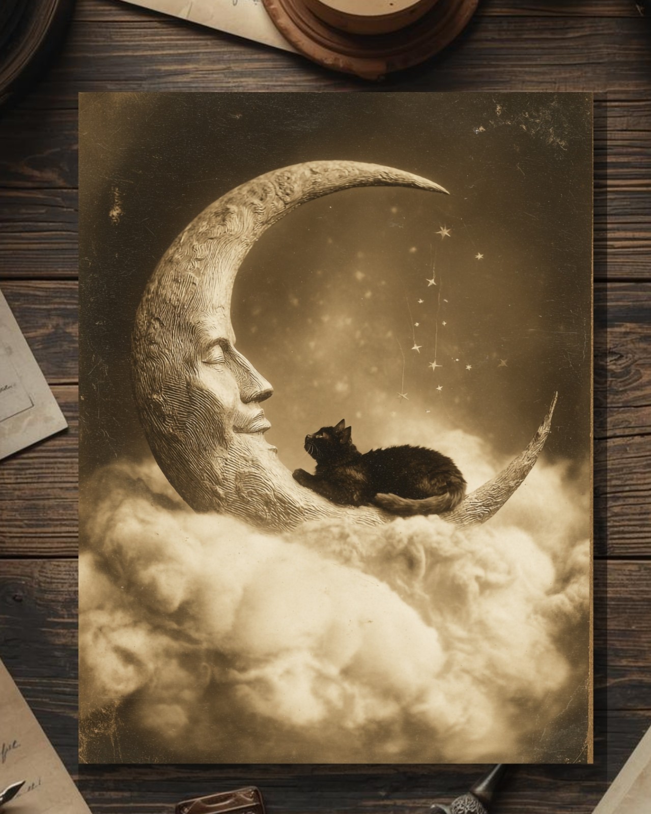 Vintage Victorian Moon And Black Cat Dreamy Surreal Night Sky Gothic Witchy Art