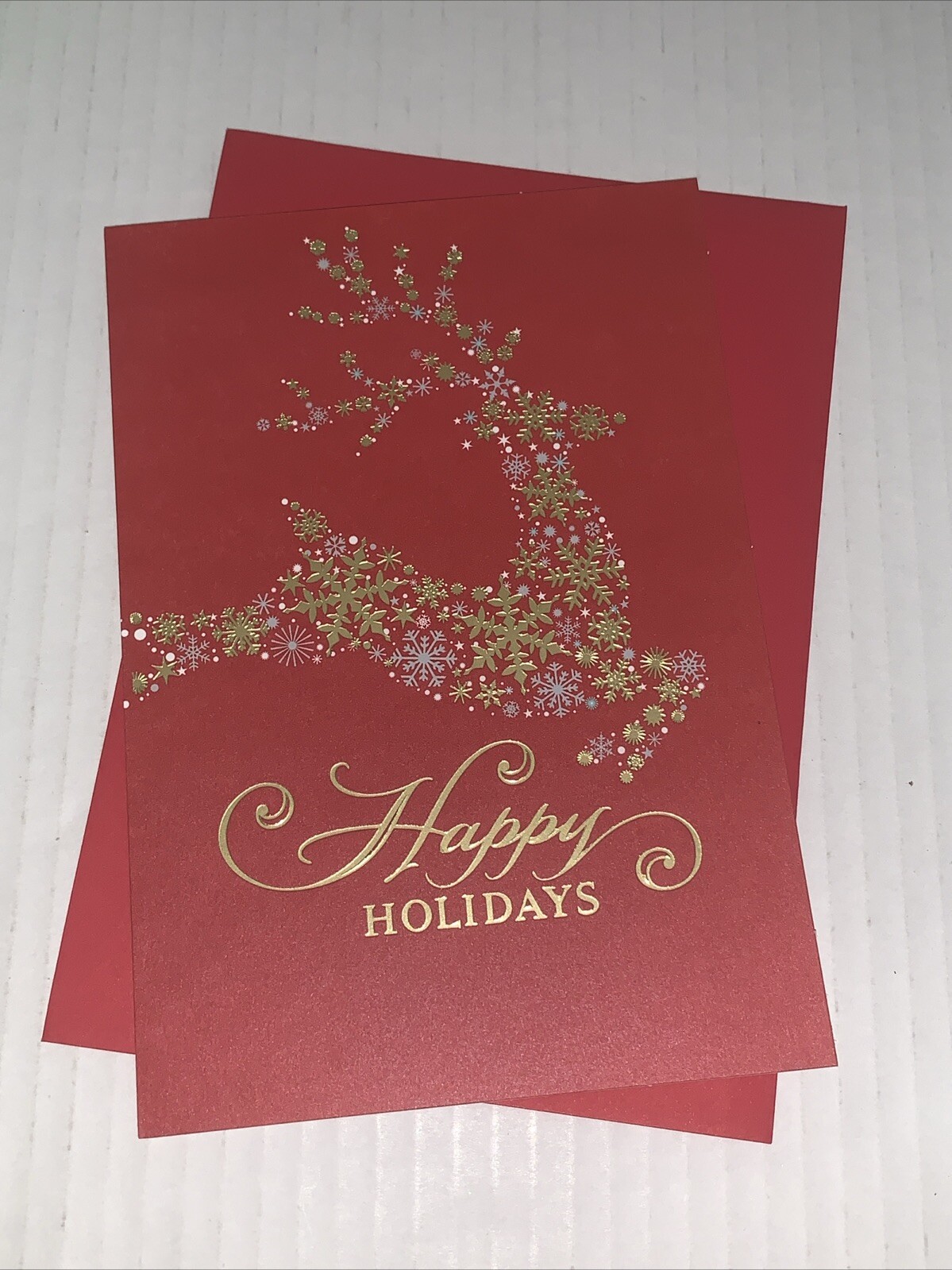 Hallmark Christmas Card: Red Gold Reindeer Best Wishes Happy Holidays & New Year